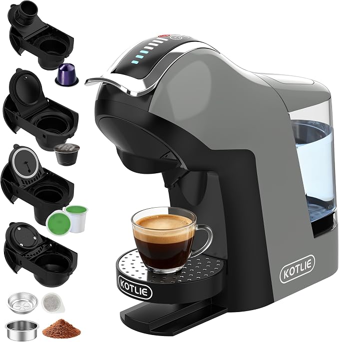 KOTLIE EM-308B Espresso Machine, Single Serve Coffee Maker Compatible with Multiple Capsule Types, Ground Coffee, and ESE Pods. 3 Temperatures, 7 Water Volume Levels, and a 1L Water Tank（Gray）