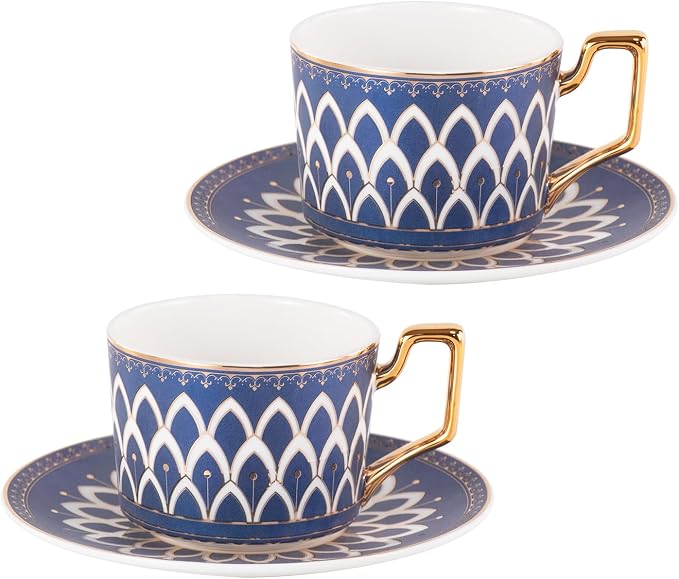 KAMMAK Tea Cups and Saucers Set of 2, Fine Bone China Coffee Cups, Stackable Espresso Mugs, Ceramic Demitasse for Coffee, Cappuccino, Latte, Americano, Tea, Matte Blue
