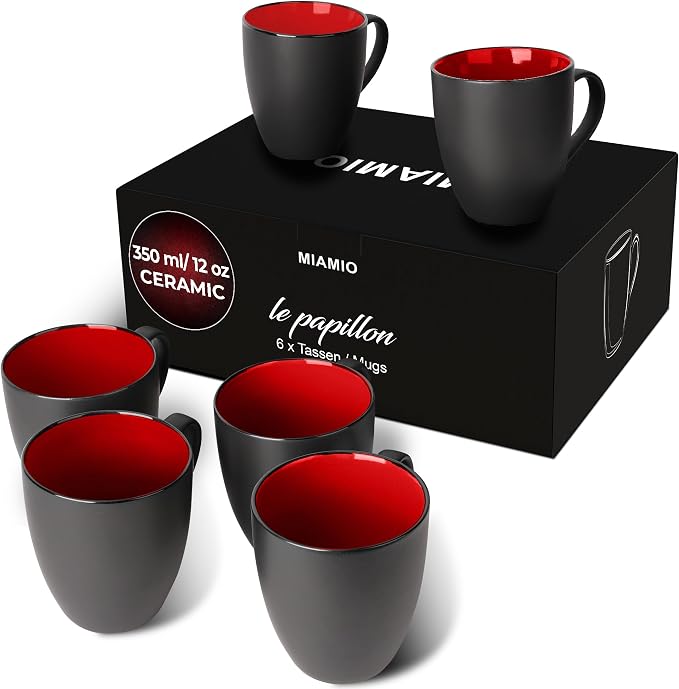 MIAMIO - Set of 6 Coffee Mugs 12 oz, Modern Ceramic Coffee Cup Set, Large Mugs for Coffee, Cappuccino and Tea, Kitchen Mug Set for Home and Office – Le Papillon Collection