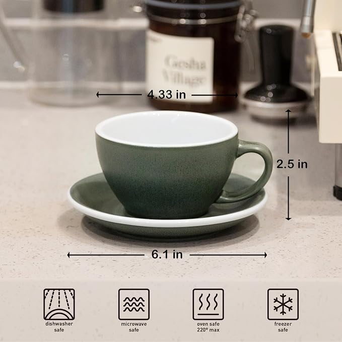 Loveramics Matt Cappuccino Cup, 10 oz Ceramic Latte Art Mug with Saucer, Thick-walled stoneware cup Set, Barista Latte Cup Set for Latte, Cappuccino, Tea - Mineral Colors (Forest, 10OZ)