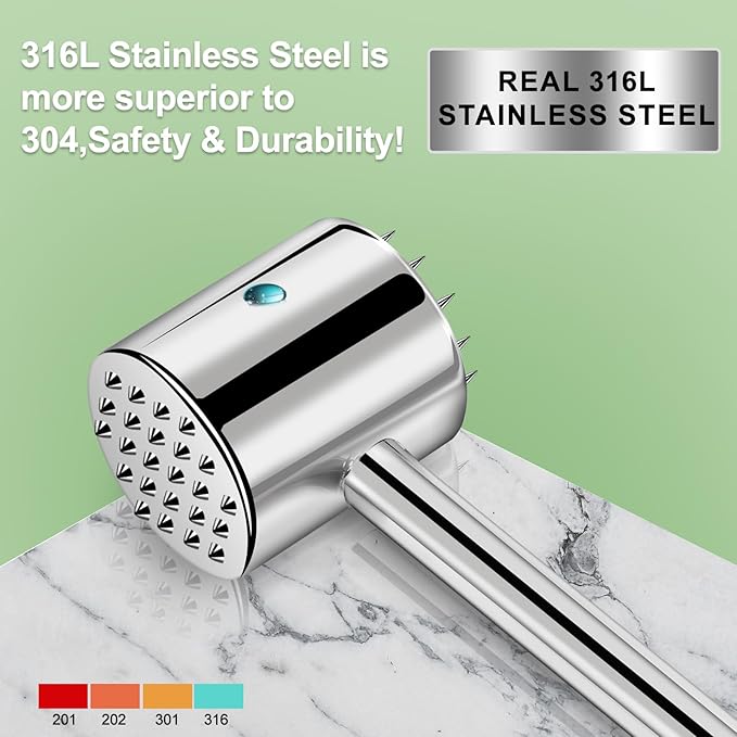 2-in-1 Real 316L Stainless Steel Meat Tenderizer Mallet Hammer, Professional Meat Pounder with 19 Sharp Needle Spikes, Dual-Sided Heavy Duty 1.09lb Versatile Kitchen Tool,Solid & Dishwasher Safe