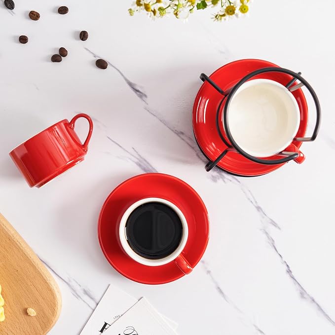 Espresso Cups Set of 4, 4oz Stackable Coffee Cups with Saucers and Metal Stand, Red Demitasse Cups, Expresso Shots Cup Set