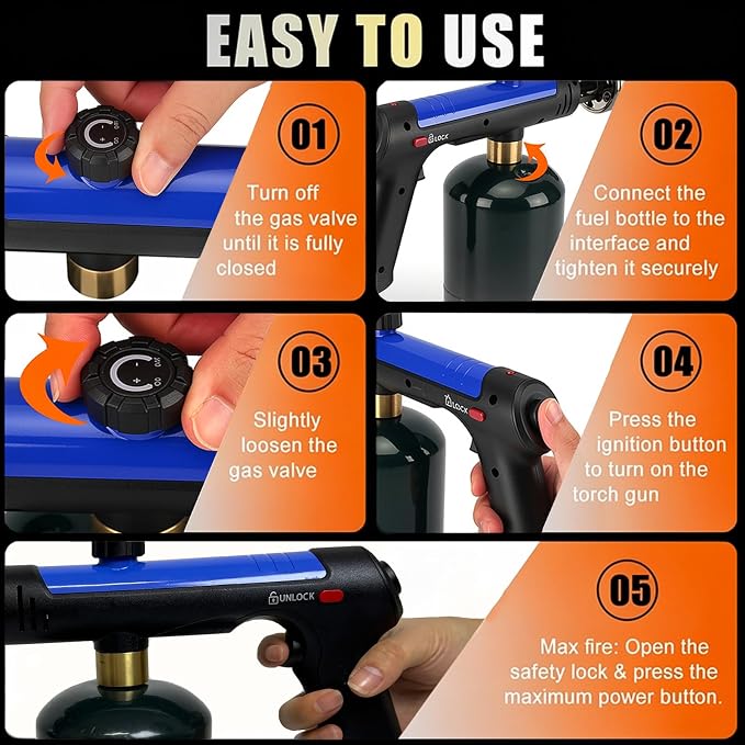 Propane Torch Gun With One-Touch Max Fire, Adjustable Kitchen Torch, Powerful Propane Torch With Many Safety Features(Tank Not Included)-Blue