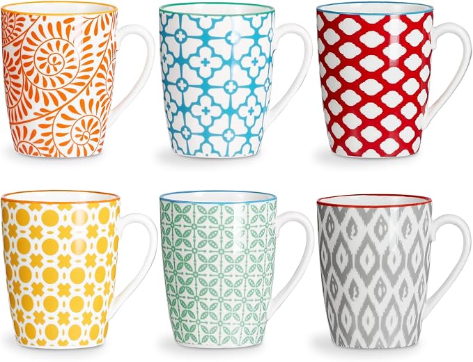 ONEMORE Coffee Mugs Set of 6, 12 oz Ceramic Coffee Cup with Handles, Porcelain Mugs for Latte Cappuccino Tea Cocoa, Microwave Dishwasher Safe, Aesthetic Home Office Cups for Women Men (Assorted Color)