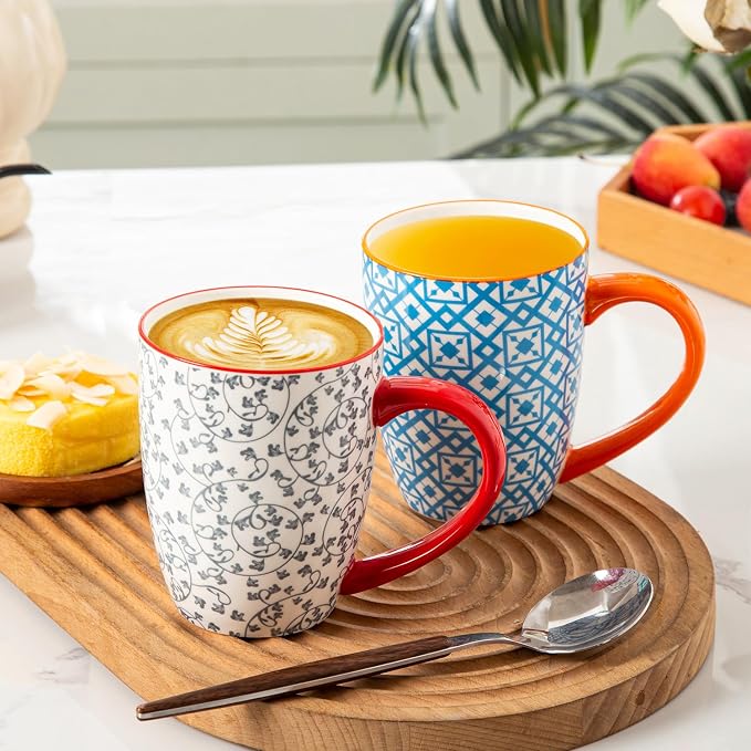 Ceramic Coffee Mugs Set - 16 Oz Large Porcelain Tea Cups with Handle for Men Women Cappuccino Latte Cocoa - Microwave Dishwasher Safe - Christmas Housewarming Gift - Set of 6 - Assorted Colors