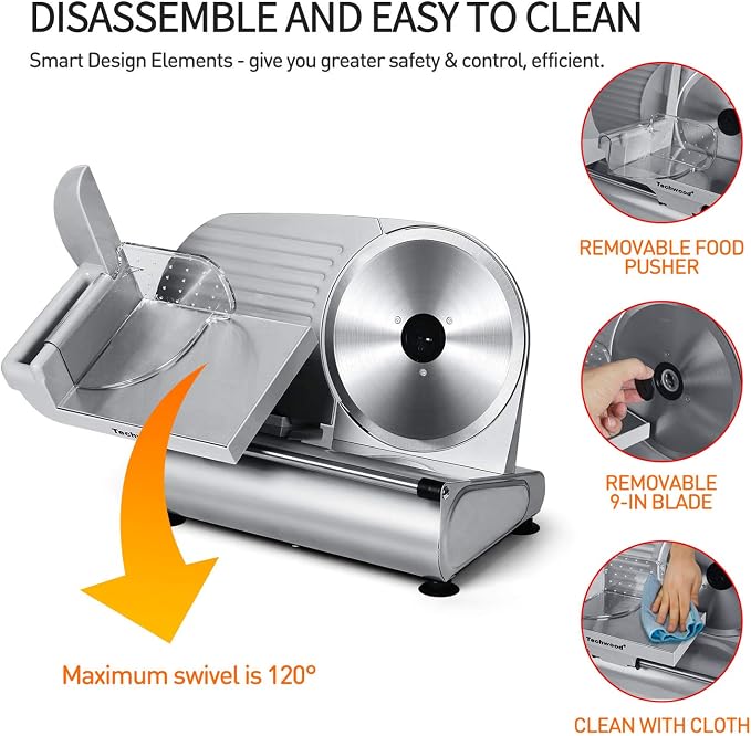 Meat Slicer, Techwood Electric Deil Food Slicer with Removable 9” Stainless Steel Blade, Deli Cheese Fruit Vegetable Bread Cutter with Adjustable Knob for Thickness, Food Carriage & Non-Slip Feet