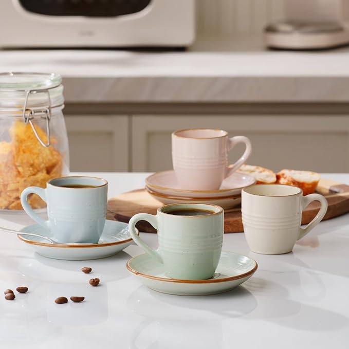 famiware Jupiter Espresso Cups and Saucers Set of 4, 3 oz Ceramic Small Coffee Mug with Handle, Spiral Stoneware Demitasse Cup for Tea, Latte, Cafe - Microwave & Dishwasher Safe, Multi-color