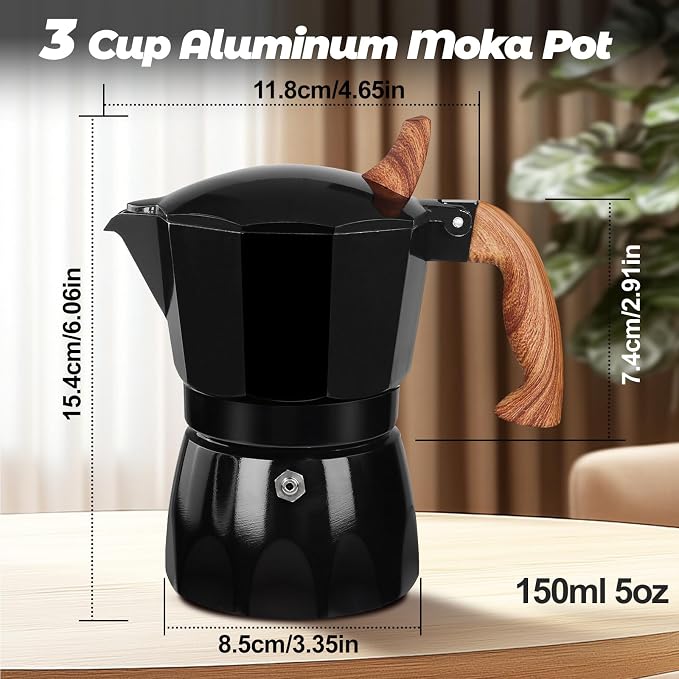 3 Cup Aluminum Moka Pot Classic Stovetop Espresso Coffee Maker 150ml 5oz Coffeemaker Percolator Mocha Pot Greca Coffee Maker Cafe Makers for Italian and Cuban Café Brewing Black