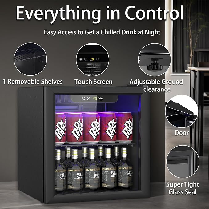 Compact 60 Can/1.3 Cu.Ft Mini Fridge For Soda, Beer Or Wine, Portable Small Beverage Refrigerator With Digital Display&Removable Shelves &Reversible Glass Front Door For Office, Dorm, Bar