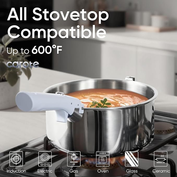 CAROTE 4QT Stainless Steel Sauce Pan with Stand-Up Lid, Nonstick Stainless Steel Pot with Detachable Handle, Non Toxic Kitchen Saucepan, Induction Kitchen Cookware, Oven Safe to 600°F