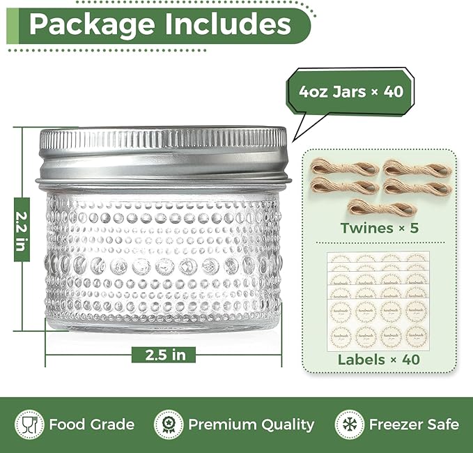 40 Pack Small Glass Jars with Lids - 4oz Vintage Embossed Mini Mason Jars ,Regular Mouth Mason Canning Jar with Seal Bands for Jam, Honey, Jelly, Dessert, Spice, Wedding Favors, DIY Candles Decor