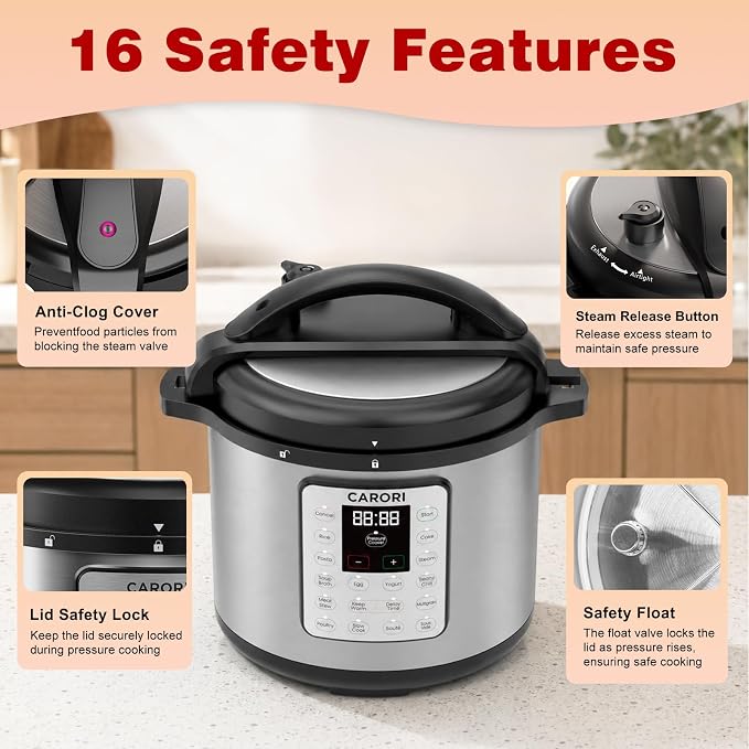 Silver 8 Quart Pressure Cooker, 1200W Multi-Function Cooker with Sauté, Steam, Yogurt & Sterilize Functions Dishwasher Safe & Secure Venting.