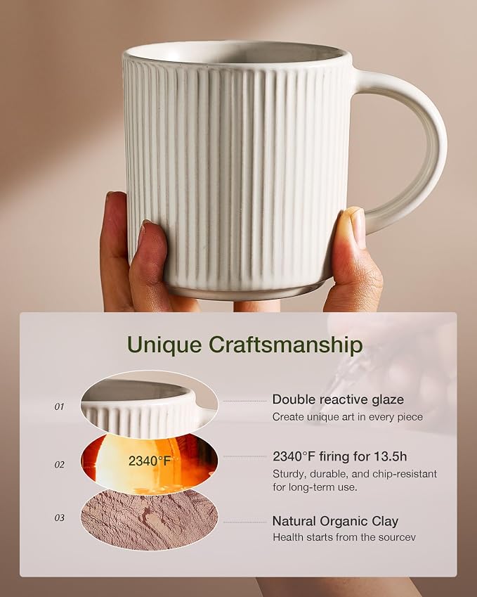 famiware Coffee Mug Set for 6, Star 12 oz Catering Mugs Cup Set with Handle for Coffee, Tea, Cocoa, Milk- Ceramic Stoneware Drinkware Set, Oat