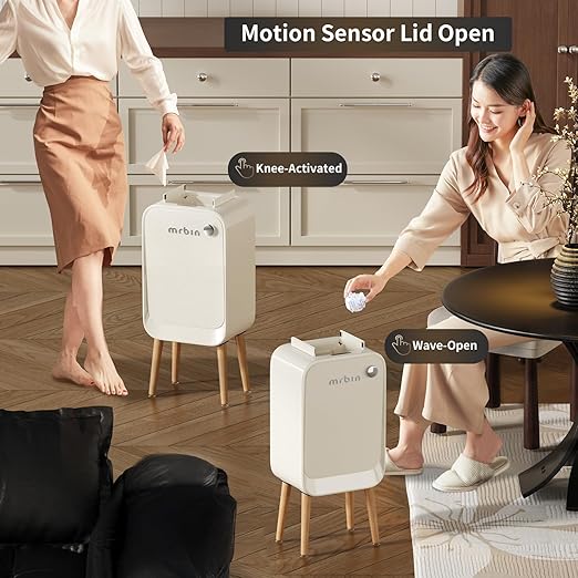 MRBIN Motion Sensor Bathroom Trash Can with Leg, Odor Control 5.5 Gal Tall Automatic Waste Basket for Bedroom, Ozone Purification Neutralizing, Touchless Butterfly Lid, Cream White