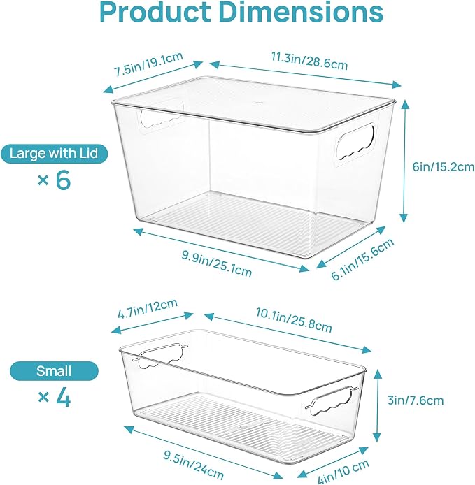 Vtopmart 10 Pack Clear Plastic Storage Bins with Lid Set, 6 Large and 4 Small Pantry Organizers and Storage Bins with Handle, Storage Containers for Pantry, Kitchen, Fridge, Cabinet Organization