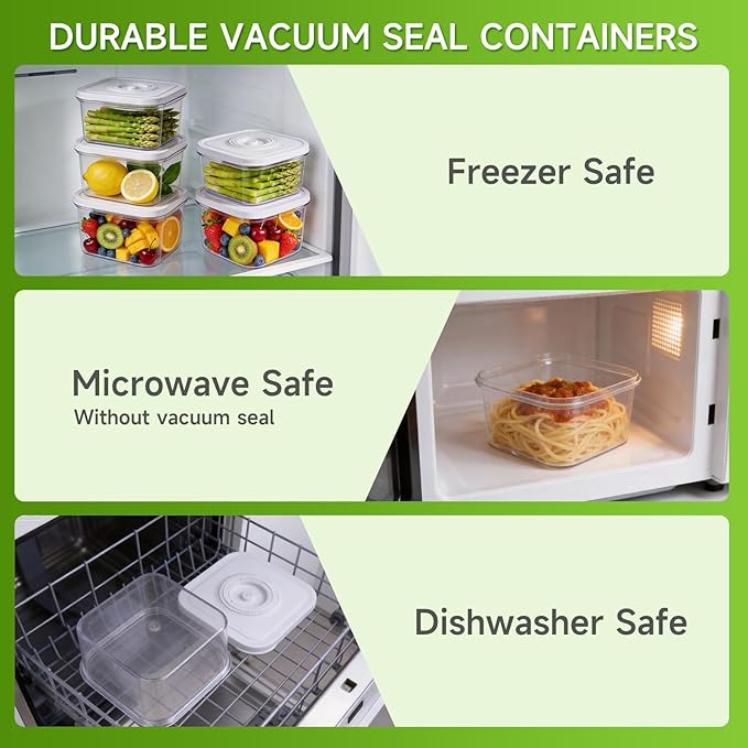 Vixino Vacuum Seal Containers, 3Pcs Reusable Food Storage Containers with Lids for Meal Prep and Freezer, BPA-Free，Microwave Safe，Leak-proof, Airtight (Vacuum Sealer Not Included)