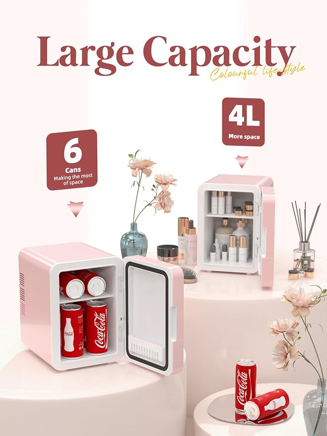 BOGDA Mini Skincare Fridge (4 Liter/6 Can) with Dimmable LED Light Mirror, Cooler and Warmer for Refrigerating Make Up, Skin Care and Food, Portable Mini Fridge for Bedroom, Office and Car, Pink