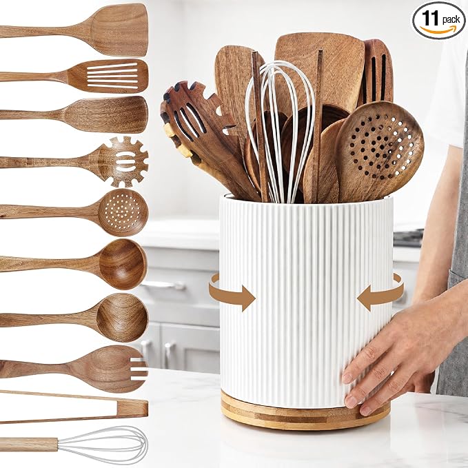 SiliFine 11 Pcs White Wooden Kitchen Utensils Set with 360° Ceramics Rotating Holder Acacia Wood Cooking Utensils with Cooking Spoons Spatulas Nonstick Cookware Countertop(White)