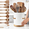 SiliFine 11 Pcs White Wooden Kitchen Utensils Set with 360° Ceramics Rotating Holder Acacia Wood Cooking Utensils with Cooking Spoons Spatulas Nonstick Cookware Countertop(White)