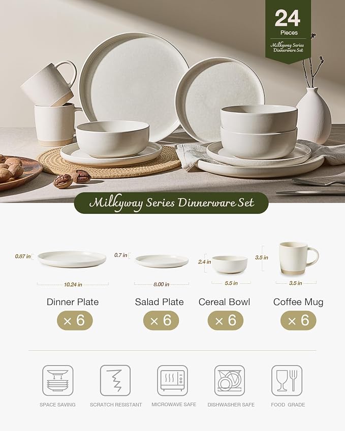 Famiware Milkyway Stoneware Dinnerware Sets with Mugs, Service for 6 (24 Pieces), Reactive Glaze Plates and Bowls Sets, Microwave and Dishwasher Safe Dishes Set, Matte Beige White