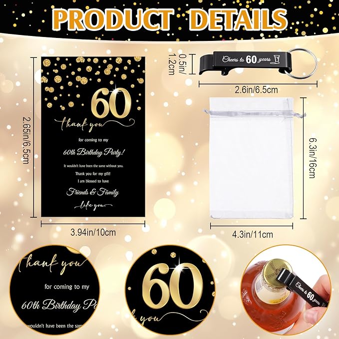LemonRoad 50 Set 60th Birthday Party Favor for Guest Bulk, 1.4 oz Plastic Shot Glasses Cup, Cheers to 40/50/60/70/80 Years Beer Bottle Opener Keychain Thank You Card Gift Bag for Souvenir Party Gift