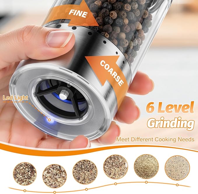 HomeHacks Upgraded Larger Capacity Electric Salt and Pepper Grinder Set, Rechargeable Type-C with LED Light, Stainless Steel Automatic & 6 Adjustable Coarseness, Ideal as Mothers Day Gifts