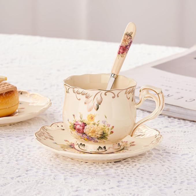 YOLIFE Tea Cups and Saucers Set of 2, Vintage Porcelain Tea Cups Set Floral with Gold Leaves Trim Design - 8 oz (Flowering Shrubs with Gift Box(no stand))