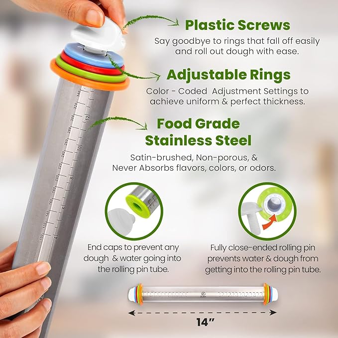 Zlion Rolling Pin with Thickness Rings – Stainless Steel and Corrosion-Resistant Adjustable rolling pin Dough Roller Pins for Baking Pizza, Pastry, Fondant, Pasta, Cookie