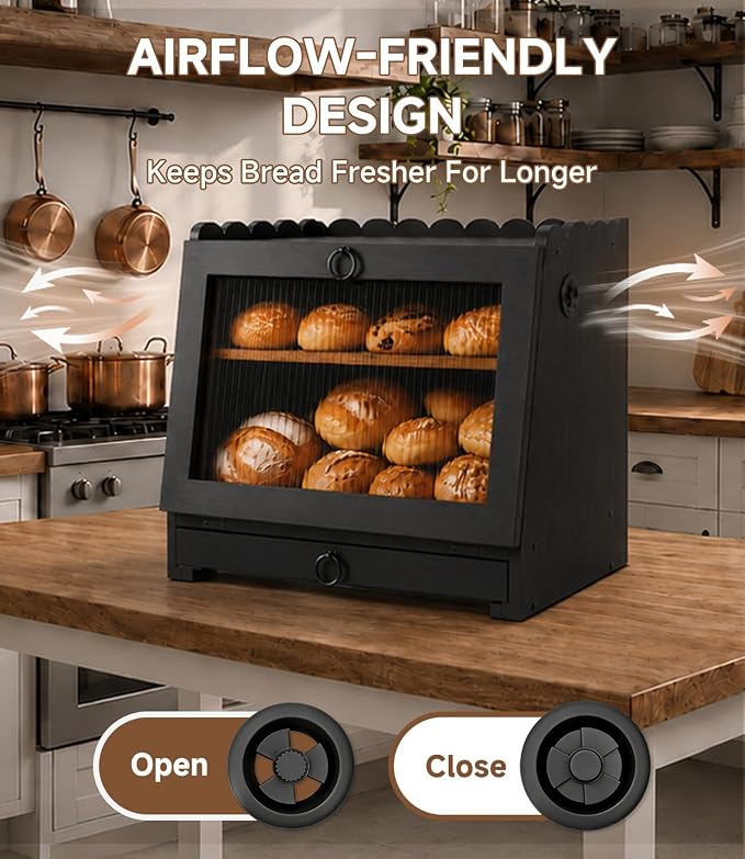 Bread Box for Kitchen Countertop Wooden Double Layer Bread Storage Container Bin Breadbox Holder Large Capacity Keeper Vintage Farmhouse Food Organizer (Black, Large)