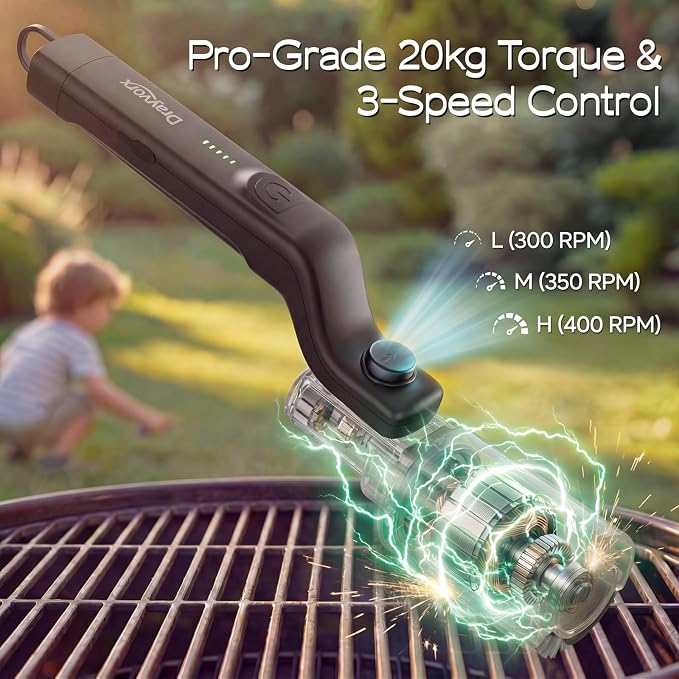 Electric Grill Brush, High Torque Grill Brush with 3-Speed Modes, 20kg Max Torque BBQ Cleaner Safe for Porcelain Cast Iron Stainless Steel, Reinforced Steel Bristles, for Fathers Day