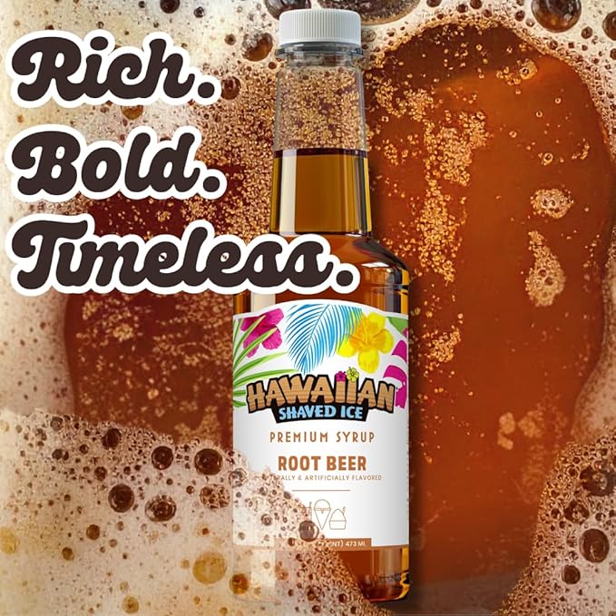 Hawaiian Shaved Ice Root Beer Syrup - Nut Soy Dairy Free - Flavor Fluffy & Crunchy Snow Cones - Shelf Stable - Makes 8 Servings - 16 ounces
