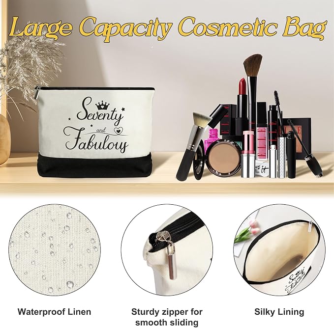 YeohJoy 70th Birthday Gifts for Women 70 and Fabulous Canvas Tote Bag Travel Gear, Unique 70 Years Old Gifts for Wife Sister Mom Aunt Friends Grandma Her, Handbag & Cosmetic Bag & 70 Birthday Poster