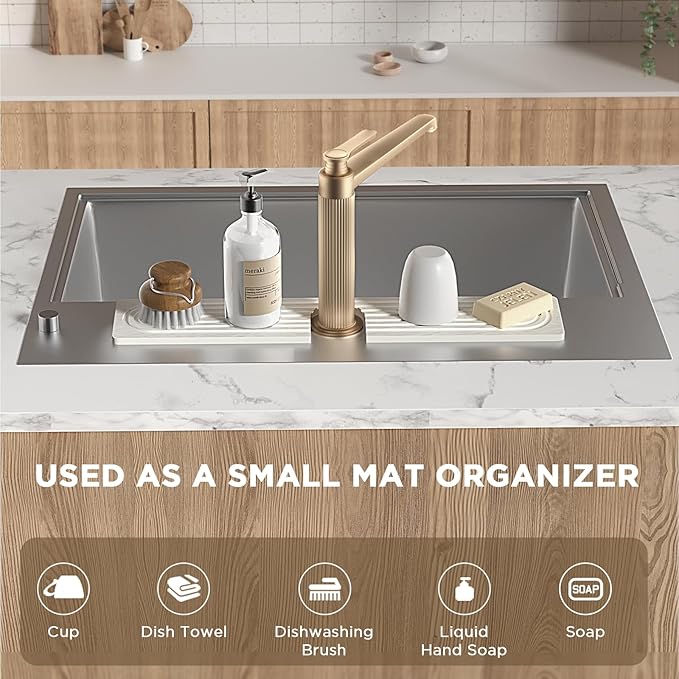 Faucet Mat for Kitchen Sink, Diatomite Stone Drying Sink Protectors, Bathroom Faucet Splash Guard, Quick Dry Water Absorbing, Non-Slip Stone Tray for Kitchen Counter, White, 20" x 3.9"