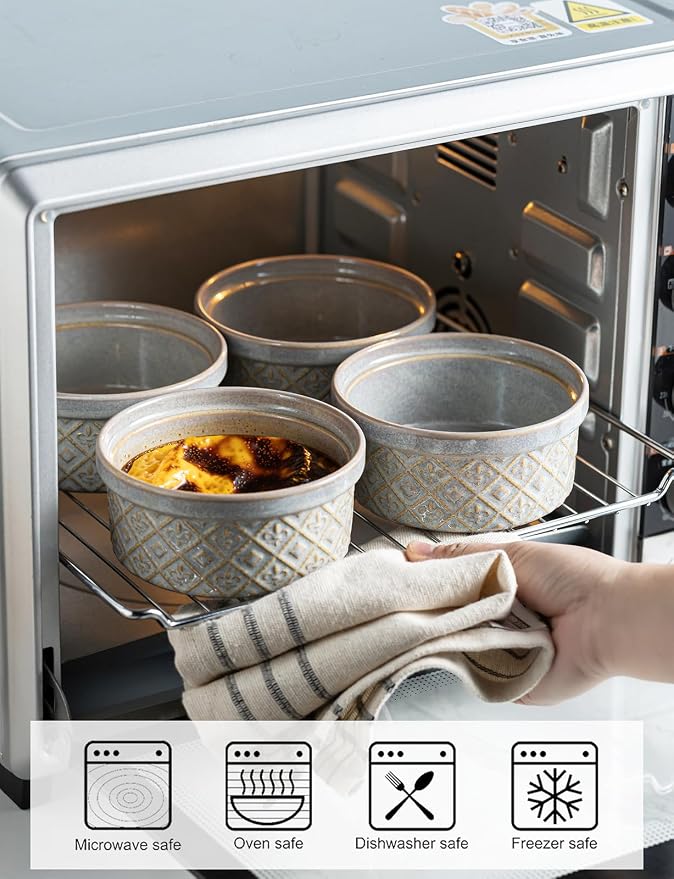 16 oz Ramekins with Lids Oven Safe, Ceramic Ramekins for Baking, Creme Brulee, Embossed Pudding Custard Ramekins for Souffle, Porcelain Baking Bowls Set of 4, Gray