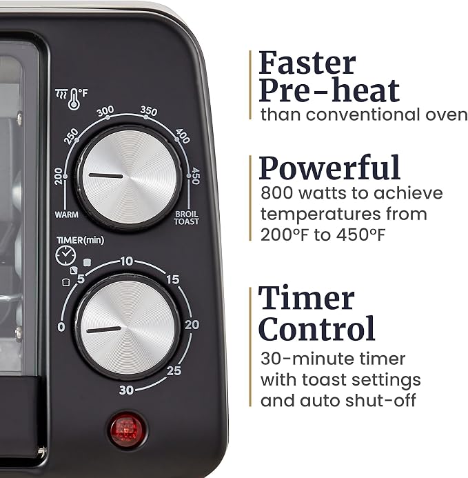 Elite Gourmet ETO449X Countertop Toaster Oven, 9.5Qt / 4-Slice Capacity, Fits 8'' Pizza, 800W Quartz Heating, 200–450°F Adjustable Temperature, 30-Min Timer, Compact Mini Oven, Black
