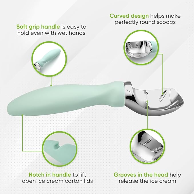 Spring Chef Heavy Duty Ice Cream Scoop with Comfortable Handle, Premium Ice Cream Scooper for Cookie Dough, Frozen Yogurt, Gelato, Sorbet, Melon - Dishwasher Safe Kitchen Tools - 2 Pack - Mint