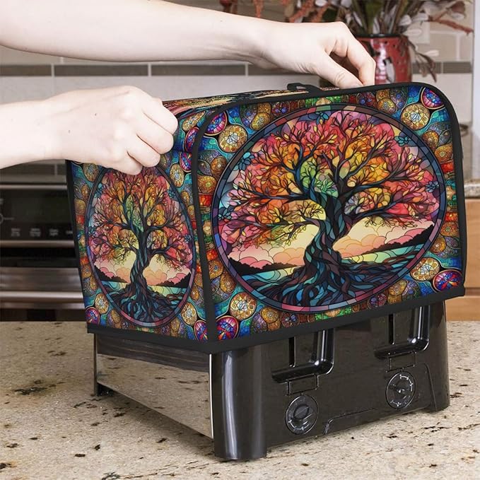 Tree of Life Glass Color Toaster Cover 4 Slice Dust and Fingerprint Protection Toaster Bread Maker Covers Washable Kitchen Small Appliance Covers for Kitchen Accessories Decor Bakeware Women Gift