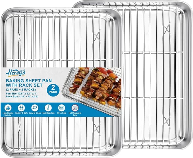 Herogo Stainless Steel Quarter Sheet Pan with Wire Rack Set(2 Pans + 2 Racks), 9 x 13 x 1 Inches Metal Baking Tray Set for Cooking & Roasting, Nontoxic & Easy Clean