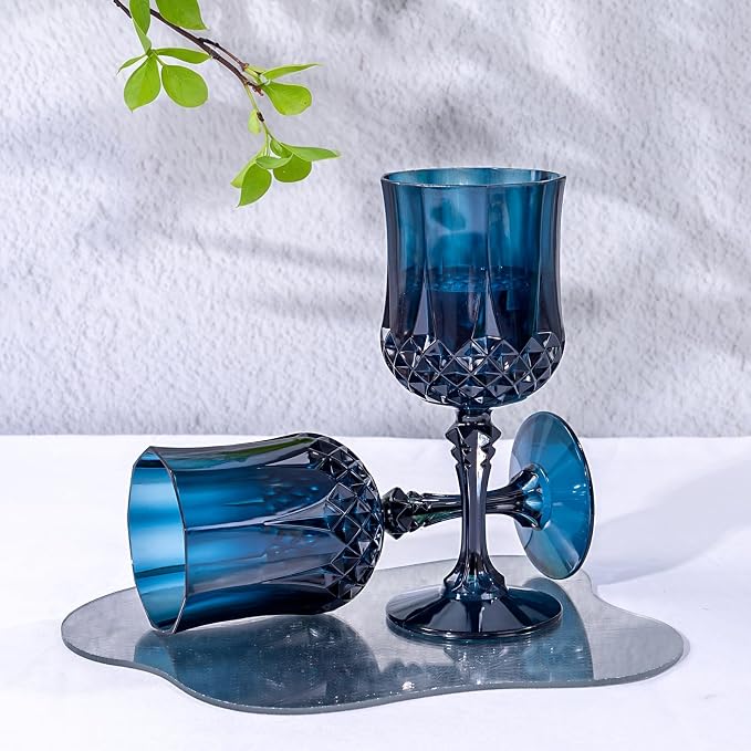 Ciaell 24PCS Blue Plastic Wine Glasses - 7 Oz Plastic Goblets for Party - Blue Vintage Drinking Glasses - Disposable Water Goblets Set for Wedding, Bar, Wine, Beer, Juice