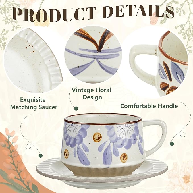 LemonRoad Vintage Tea Cup and Saucer Set of 2, 10oz Porcelain Coffee Mugs with Saucer for Latte Mocha Cappuccino Ceramic Teacups for Housewarming Wedding Gifts Kitchen Table Decor