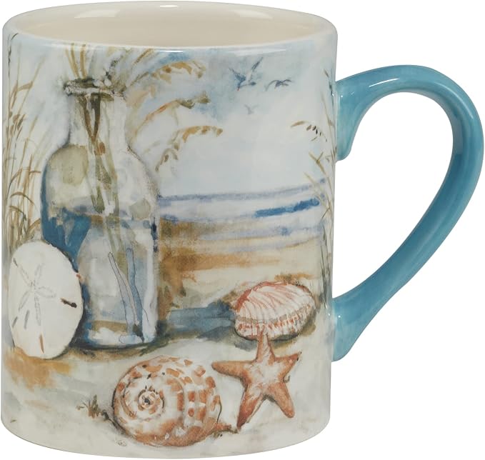 Coastal Landscape 16 oz. Ceramic Mugs – Set of 4 Assorted Beach Designs with Starfish, Shells & Ocean Bottles – Seaside Coffee Cups for Tea, Hot Cocoa, or Gifting – Blue Handle Accent