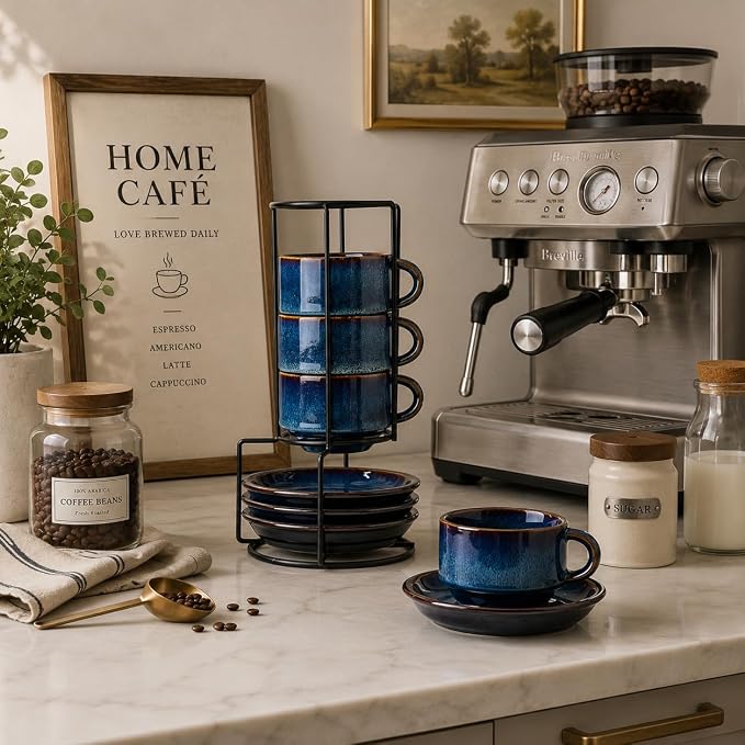 JIEMEI HOME Porcelain Stackable Cappuccino Cups with Saucers and Metal Stand, 7 Ounce Espresso Cups for Latte Coffee Cafe, Specialty Coffee Drinks, Cappuccino and Tea - Set of 4, Midnight Tide