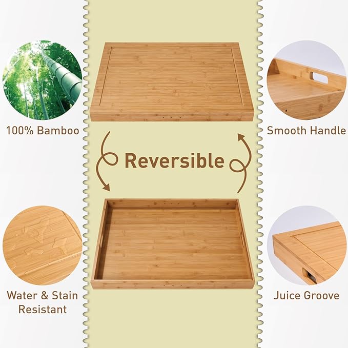 Bamboo Stove Cover for Gas & Electric Burners, 28.82”x20.83”x2.12'' (Inner) Noodle Board with Handles, Cutting Board with Juice Groove, Serving Tray (Natural Bamboo)