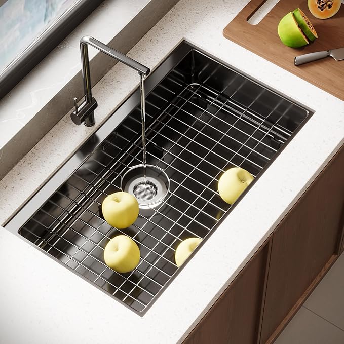 Sink Grid for Single Bowl Kitchen Sink, Stainless Steel Sink Protector Grate with Rear Drain, 28-3/8’’ x 14-3/16’’ Sink Bottom Protector for Kitchen Sink