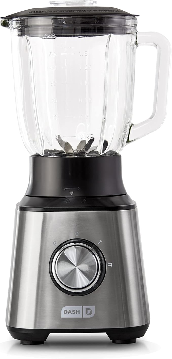 Dash Quest Blender for Smoothies and Shakes - 600W Kitchen Blender with 1.5-Liter Glass Pitcher, Stainless Steel Blades, 3 Speeds + Pulse for Frozen Drinks and Soups - Stainless