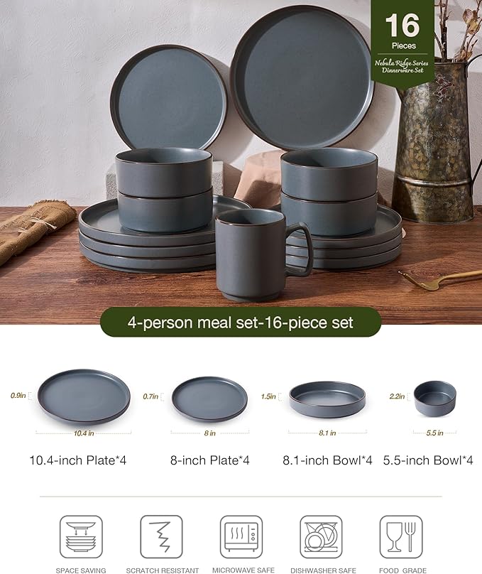 Famiware Nebula Ridge Stoneware Dinnerware Sets with Pasta Bowls, Plates and Bowls Sets, Service for 4 (16 Pieces), Microwave and Dishwasher Safe Kitchen Plates, Charcoal
