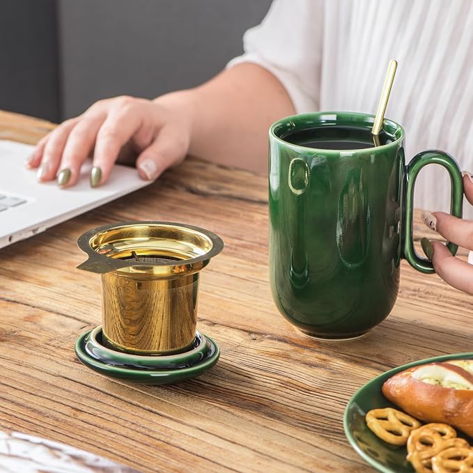 vicrays Ceramic Tea Mug Infuser - Large Cup 16 oz Hot Loose Steeping Handle Teacup with Leaf Infuser Spoon Lid - Tall Glazed Strainer Coffee Mug Microwave Safe - Green