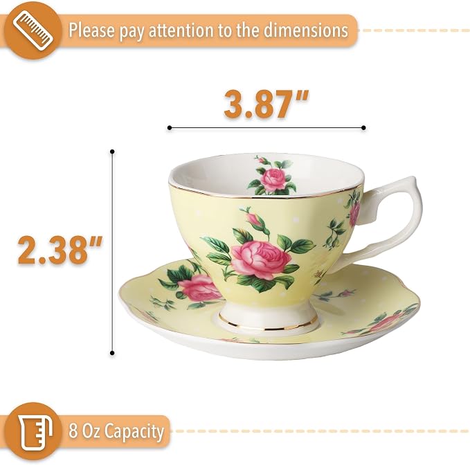 BTaT- Floral Tea Cups and Saucers, Set of 2, 8 oz, Fine Porcelain Teacup Set with Gold Trim for Afternoon Tea, Weddings, Parties & Gifting, Dishwasher Safe, Lightweight, Non-Toxic