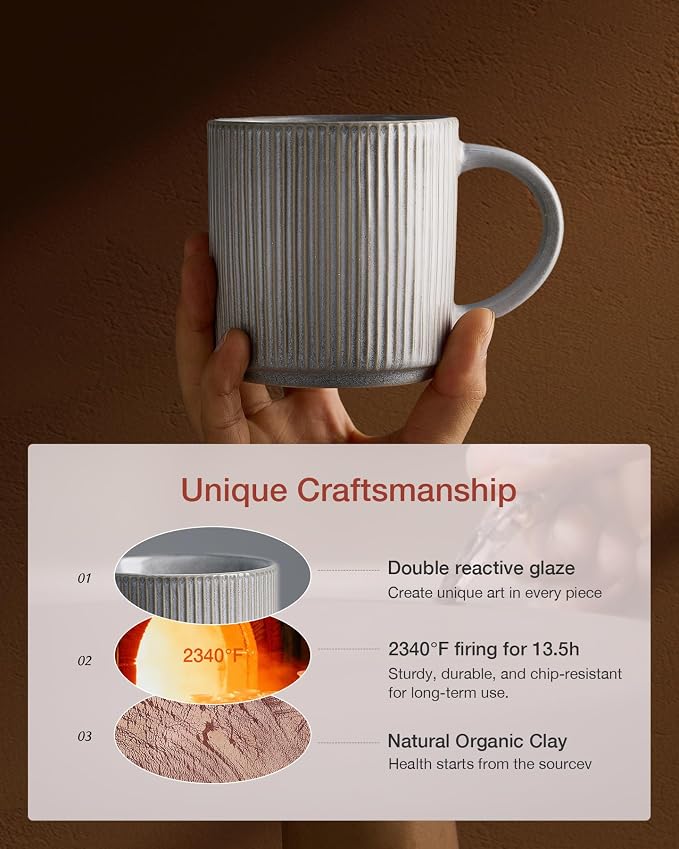 famiware Coffee Mug Set for 4, Star 12 oz Catering Mugs Cup Set with Handle for Coffee, Tea, Cocoa, Milk - Ceramic Stoneware Drinkware Set, Matte Grey