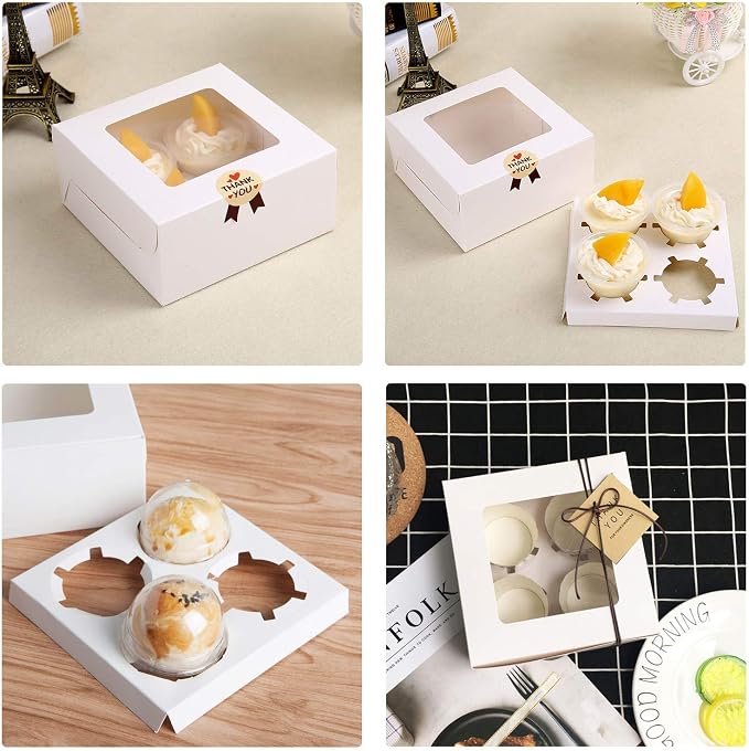 EUSOAR Muffin Boxes, 50pcs 6.4" x 6.3" Kraft Cupcake Boxes 4 Count White Color Muffin Containers, Cupcake Carrier with Insert and Display Window Fits 4 Cupcakes or Muffins